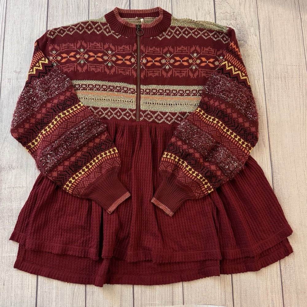 Free People Cabin Fever Red Waffle Knit Fuzzy Oversized Baloon Sleeve Top XS
